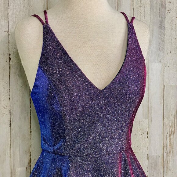 Xscape Purple Blue Glittery Multichrome V-Neck Fit & Flare Mini Dress Sz 4 NEW - Picture 2 of 11